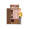 Smiling man using coffe vending machine, automatic device for hot drinks vector Illustration