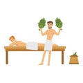Smiling man wearing towel massaging another man with birch broom in sauna steam room colorful vector Illustration Royalty Free Stock Photo