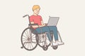 Smiling man in wheelchair work on computer