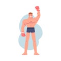 Smiling Man Winner Standing in Boxing Gloves with Raised Up Hand Vector Illustration
