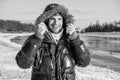 smiling man in winterwear outdoors. stylish man in winterwear outdoor.