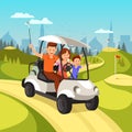 Man, Woman and Boy Going to Play Golf by Cart