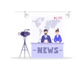 Smiling man woman breaking news presenter speaking live broadcasting shooting with camera at studio Royalty Free Stock Photo