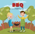 Smiling man and woman cooking barbecue on the backyard, BBQ party vector Illustration with flaming grill