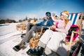 smiling man and woman in love enjoying together in sun at mountains Royalty Free Stock Photo