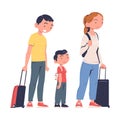 Smiling Man and Woman Parents with Kid Standing with Suitcase at the Airport Boarding Plane Vector Illustration Royalty Free Stock Photo
