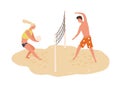 Smiling man and woman playing volleyball on beach vector flat illustration. Happy couple toss ball through net stand on Royalty Free Stock Photo