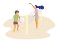 Smiling man and woman playing volleyball on sunny beach - flat illustration Royalty Free Stock Photo