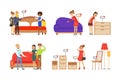 Smiling Man and Woman Shoppers In Furniture Shop Vector Set
