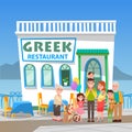 Greek Restaurant, People in Cafe, Greece Vector Royalty Free Stock Photo