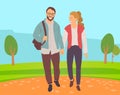 Couple Go in Park, Lovers Walking Outdoor Vector Royalty Free Stock Photo