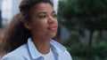 Smiling manager walking downtown street alone meeting colleagues on way closeup. Royalty Free Stock Photo