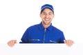 Smiling manual worker with billboard Royalty Free Stock Photo
