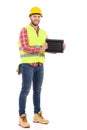 Smiling manual worker presenting shockproof digital tablet