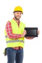 Smiling manual worker presenting shockproof digital tablet