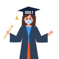 Smiling masked female happy to graduate and holding certificate in one hand vector flat illustration.