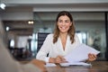 Smiling mature business woman hr manager at job interview office meeting. Royalty Free Stock Photo