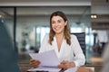 Happy business woman hr manager holding cv at job interview office meeting. Royalty Free Stock Photo