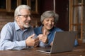 Smiling senior man and woman have webcam talk on laptop Royalty Free Stock Photo