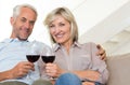 Smiling mature couple with wine glasses sitting on sofa Royalty Free Stock Photo