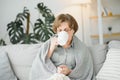 Smiling mature elder 65s woman sitting relaxing with cup of tea, coffee. Senior mid age stylish look woman with