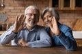 Smiling mature husband and wife wave talk on video call Royalty Free Stock Photo