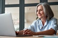 Smiling mature middle aged woman using laptop computer sitting at workplace.