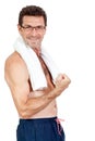 Smiling mature sporty man with towel fittness sport health isolated