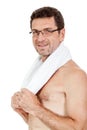 Smiling mature sporty man with towel fittness sport health isolated