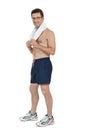 Smiling mature sporty man with towel fittness sport health isolated