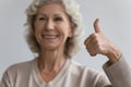 Smiling mature woman show thumb up recommend good service