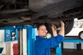Smiling mechanic adjusting the tire wheel Royalty Free Stock Photo