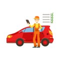 Smiling Mechanic Analysing With Checklist In The Garage, Car Repair Workshop Service Illustration