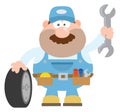 Smiling Mechanic Cartoon Character With Tire And Huge Wrench Flat Style