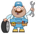 Smiling Mechanic Cartoon Character With Tire And Huge Wrench