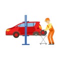 Smiling Mechanic Changing A Tire In The Garage, Car Repair Workshop Service Illustration Royalty Free Stock Photo