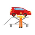 Smiling Mechanic Checking The Vehicle In The Garage, Car Repair Workshop Service Illustration