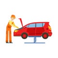 Smiling Mechanic Looking At Engine In The Garage, Car Repair Workshop Service Illustration