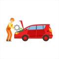 Smiling Mechanic Repairing The Engine In The Garage, Car Repair Workshop Service Illustration