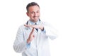 Smiling medic or doctor showing time out gesture