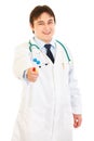 Smiling medical doctor holding test tubes in hand Royalty Free Stock Photo