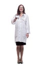 smiling medical doctor woman showing her visiting card Royalty Free Stock Photo