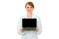 Smiling medical doctor woman showing laptops Royalty Free Stock Photo