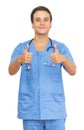 Smiling medical male student with short hair at work