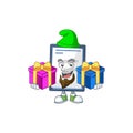 A smiling medical note cartoon design having Christmas gifts