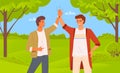 Smiling men greeting each other. Male characters give five and rejoice standing with hands together Royalty Free Stock Photo