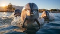 Smiling men swimming, playful dolphin splashing, joyful family enjoying summer generated by AI Royalty Free Stock Photo