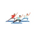 Smiling men training in gym. Three young guys doing physical exercise. Male fitness group. Cartoon people in sportswear