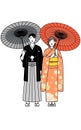 Smiling men and women in kimonos with Japanese umbrellas on New Year\'s day for New Year\'s visits and sightseeing