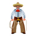 A smiling Mexican cowboy in a sombrero with a lasso. Rodeo participant. Funny character.